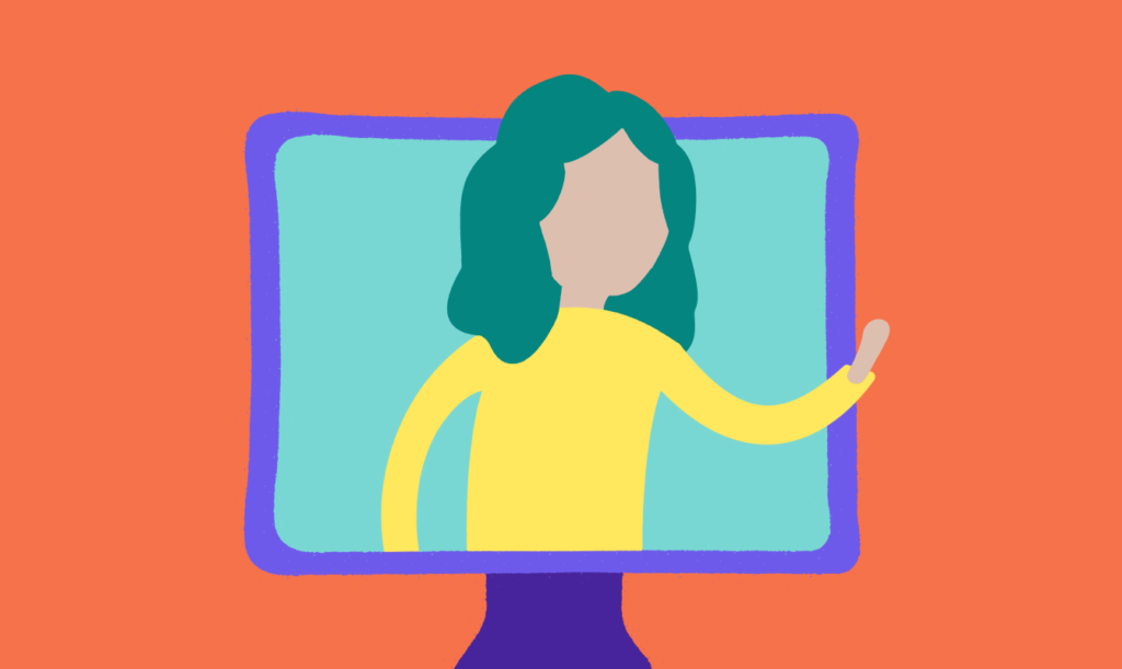 Illustration of a woman coming through a monitor screen - How to. Stand Out Behind the Screen: a Guide for Remote Candidates