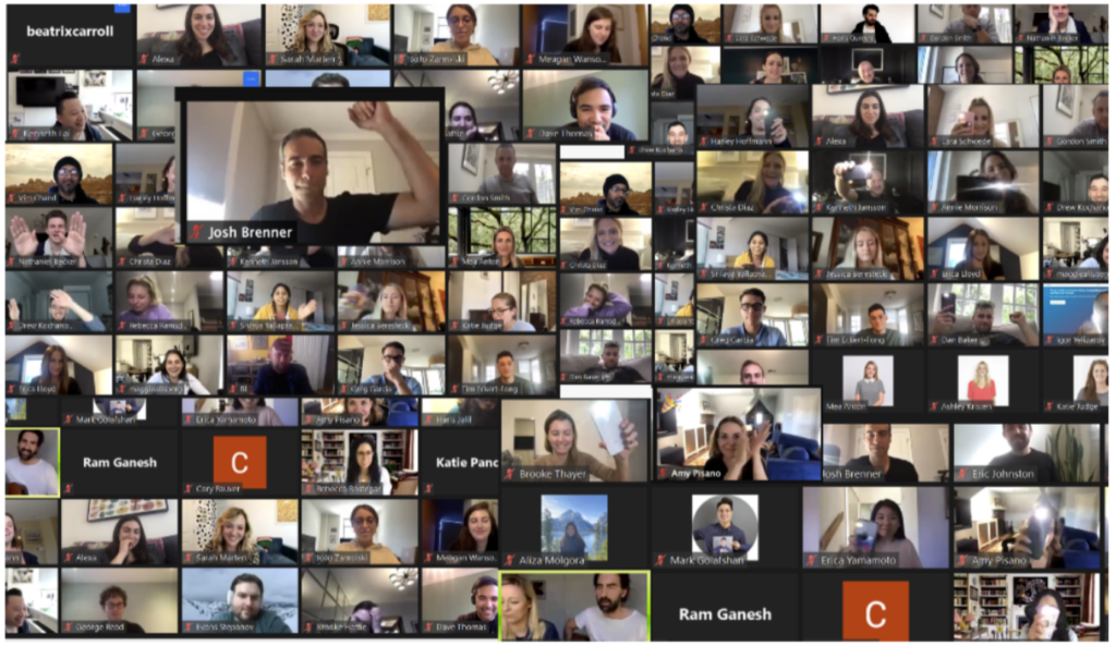 Zoom call of the whole hired team on launch day celebrating new company culture values